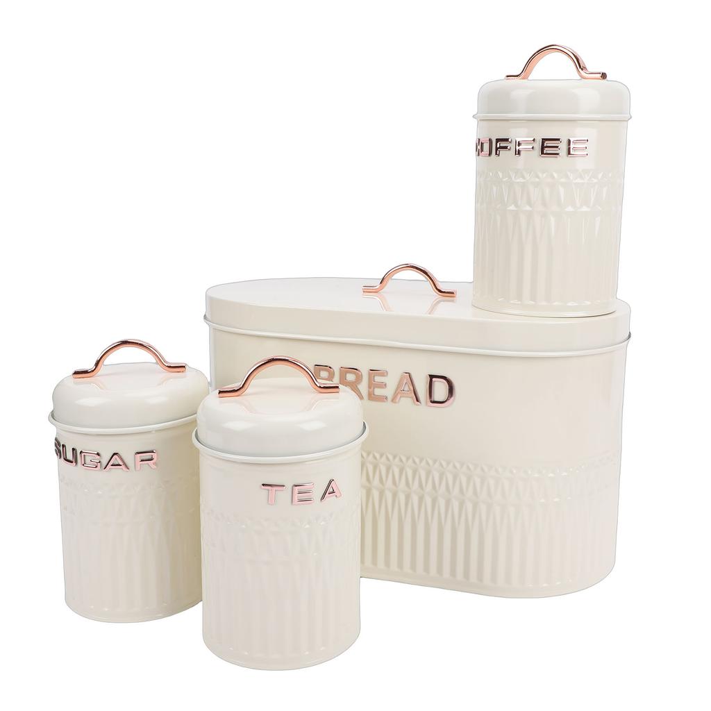 Set da 4 pezzi: Porta pane e barattoli in ferro per cucina, Caffè, Tè, Zucchero, Porta pane in metallo per piano di lavoro