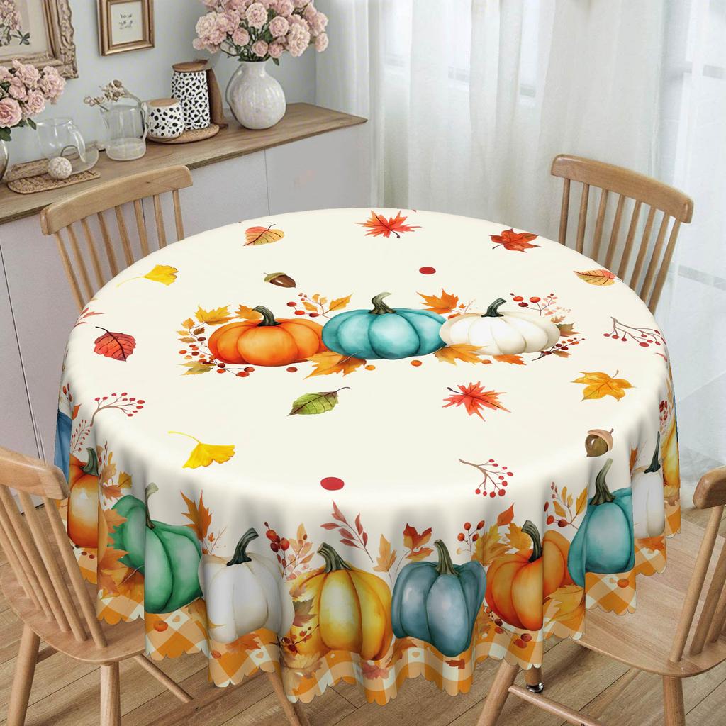 Vintage Pumpkin And Autumn Leaves Tablecloth - Blue, Orange, White, Beige, Turquoise Pumpkin Pattern