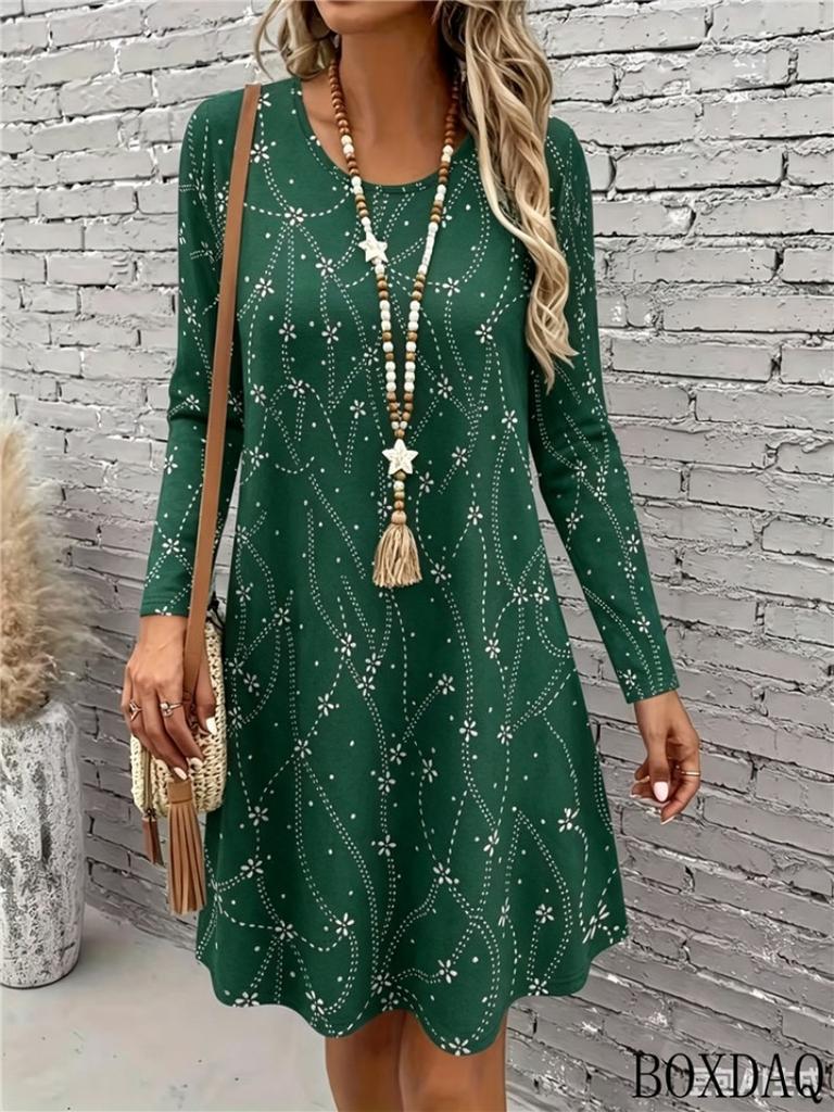 Spring And Autumn Women's Dresses Casual Round Neck Long Sleeve Wolf And Tiger Pattern Printed Loose Dress