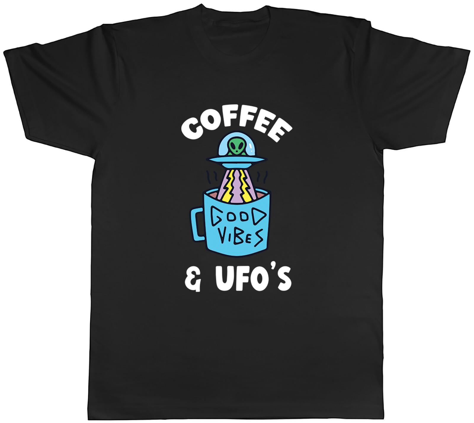 Funny Coffee & UFO s Mens T-Shirt Good Vibes Aliens Flying Saucer Tee Gift XXXXL