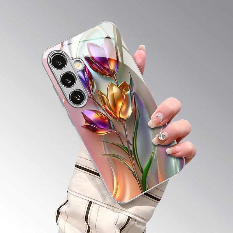 Etui 2D z wzorem tulipana na telefon Samsung S26 S25 S24 S23 S22 S21 S20 A56 A36 A16 - Galwanizowane szklane etui ochronne