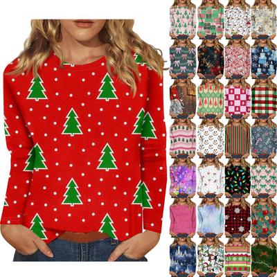 Damenmode Lässiges T-Shirt mit Weihnachtsdruck, Rundhalsausschnitt, lange Ärmel, dekoratives T-Shirt