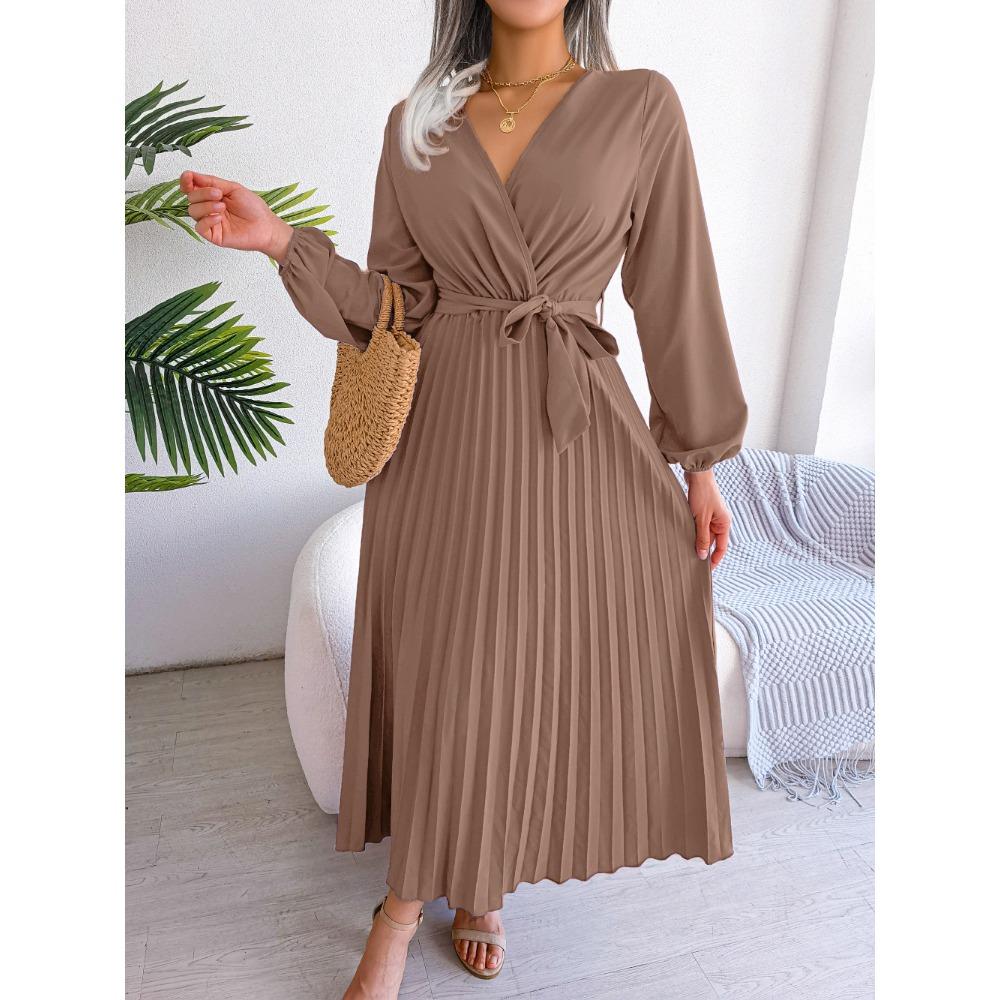 Spring and Summer Temperament Cross V-neck Big Swing Pleated Long Dress Ladies Loose Versatile New Dresses