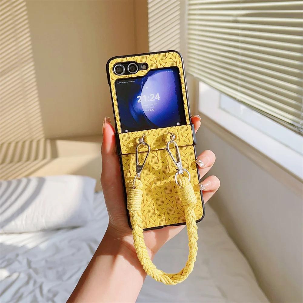 Wrist Strap Weave Leather Phone Case for Samsung Galaxy Z Flip 6 5 4 3 Flip5 Flip4 Flip3 5G Protective Shockproof Cover