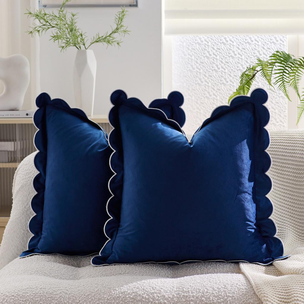 Solid Velvet Cushion Cover With Wave Fringed Navy Red Green Pink Brown Grey