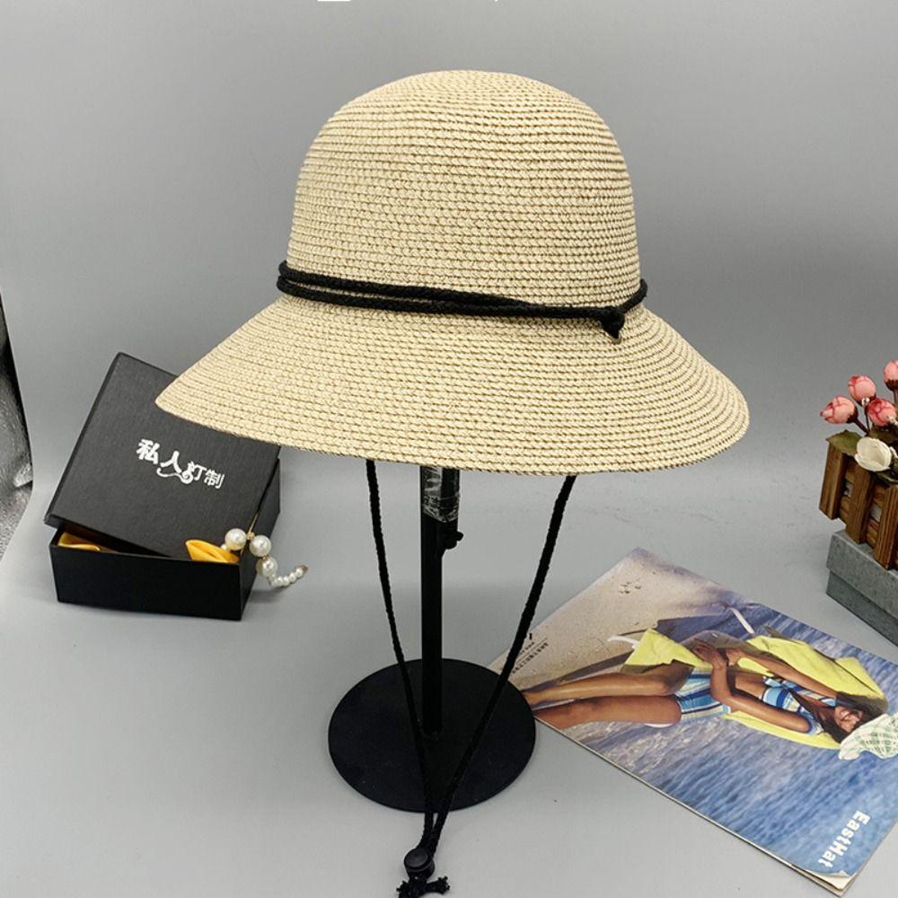 Foldable Women's Straw Hat Summer Visor Cap Retro Straw Bucket Hat  Men Women
