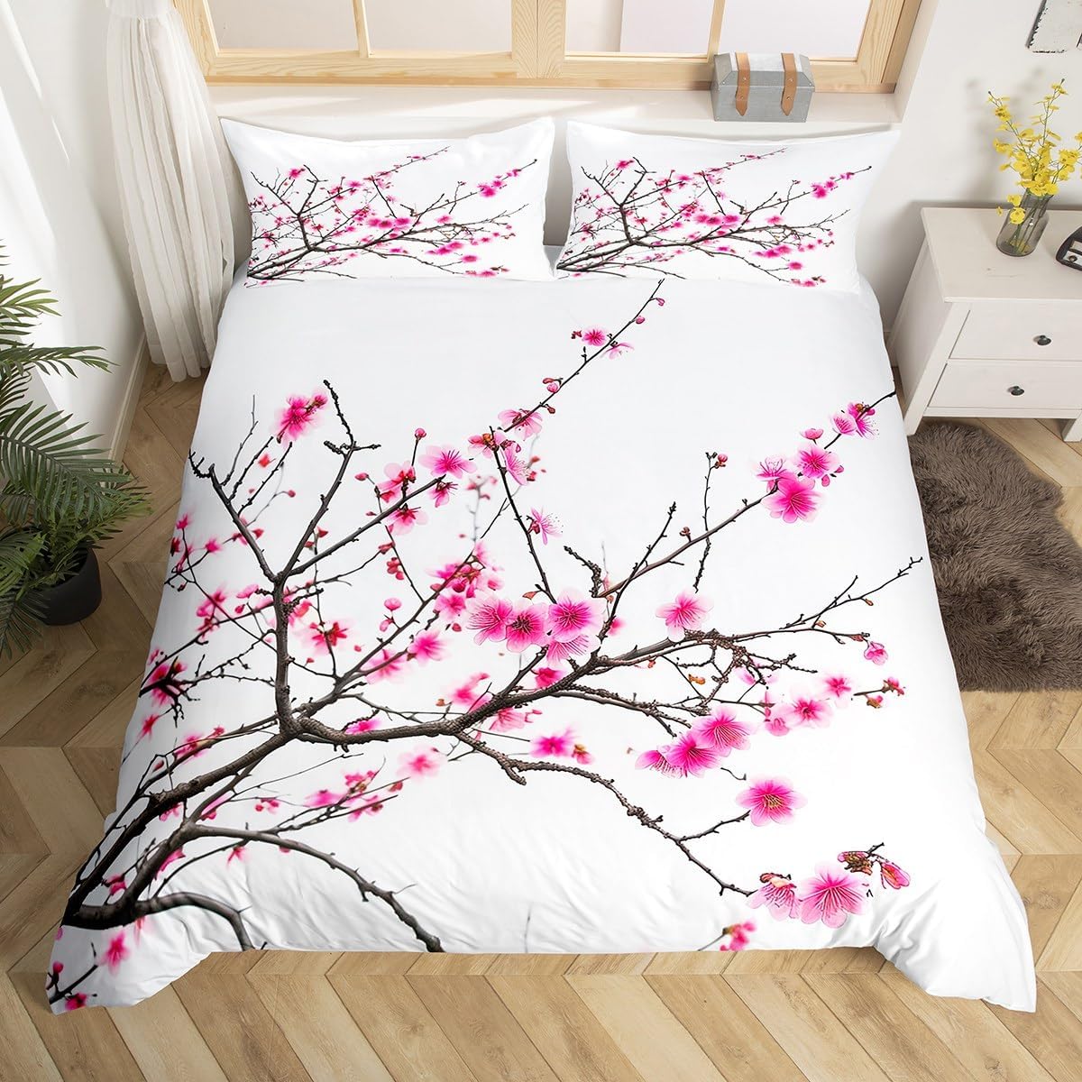 

Girly Chery Blosom Soft Duvet Cover,Japan Style Flowers Beding Set Ful King,Mountain Lpluscape Warm Comforter Cover,Lovely Birds Bed Linen Set 135*200cm Eu-Single