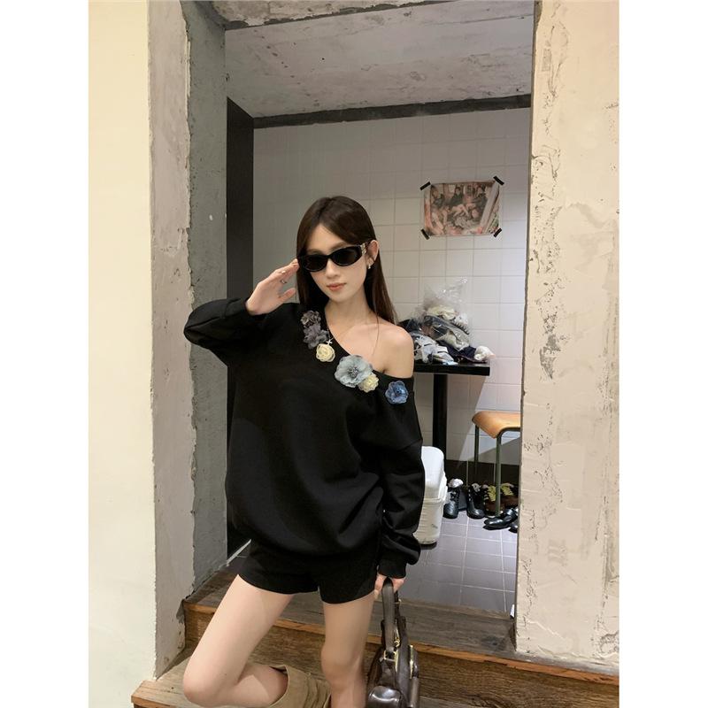 Серый 3D Цветок Толстовка с открытыми плечами для женщин Осень Новые Толстовки Сексуальные Повседневные Свободные Топы Женские Новые Нерегулярные Пуловеры S чёрный 1873₽