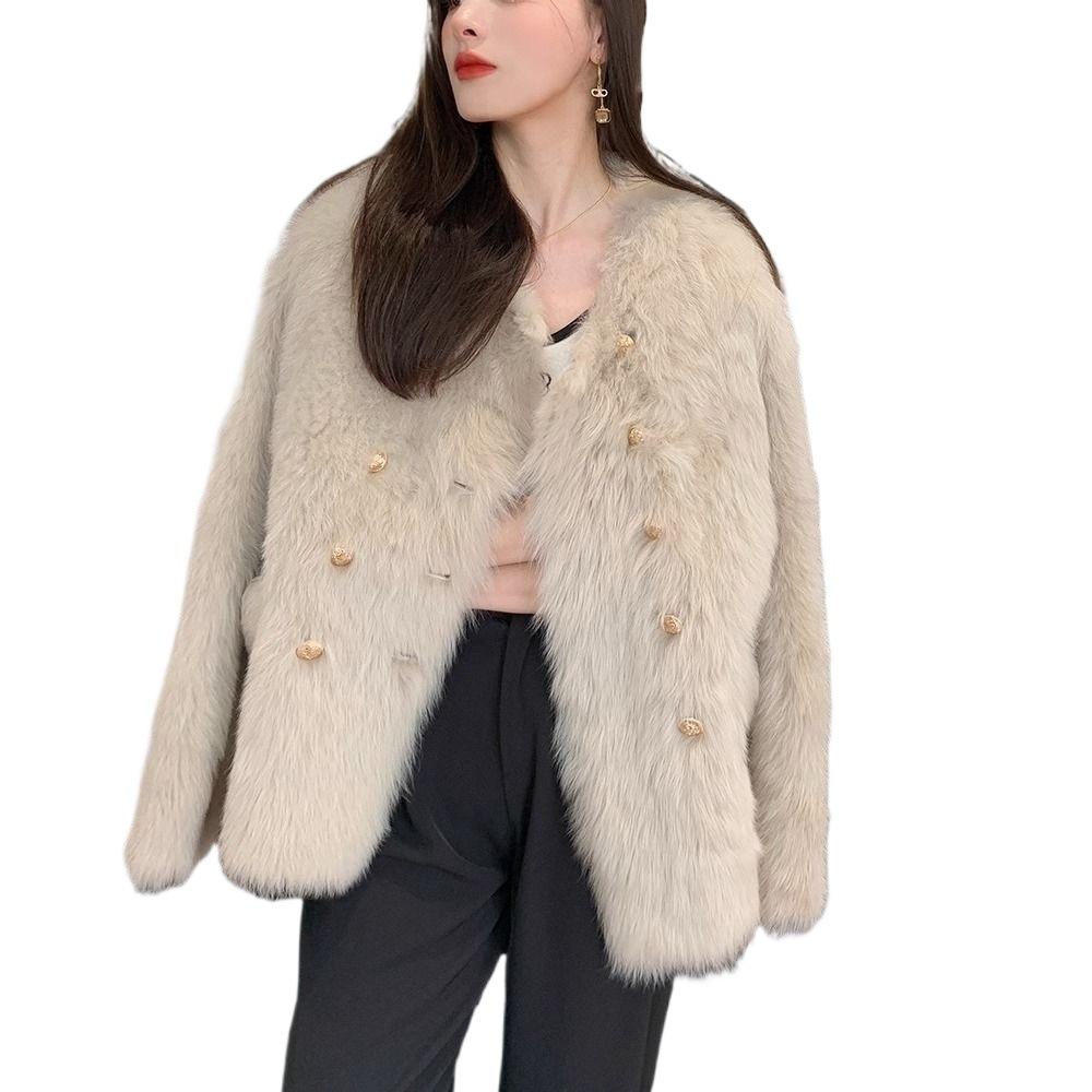 Autumn and winter Toka imitation fox fur integrated coat women's imitation lamb wool double-breasted imitation fur thickened coat