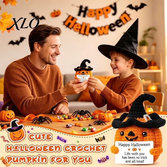 Halloween Häkelkürbis Dekor Handgemacht Positiv mit Hexenhut, Herbst Boo Korb Füller, Gemütliche Herbst Wohnaccessoires Mini Gestrickte Plüschfigur,