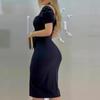 Sweetheart Square Neck Bodycon Dress, Puff Short Sleeve Front Slit Pencil Dress with Matching Belt,Sexy Slim Elegant Nightclub Vacation Split Dress