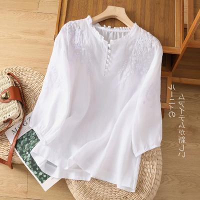 Ramie Short-sleeved T-shirt Women's Heavy Industry Embroidered Lace Thin Cotton and Linen Shirt Top