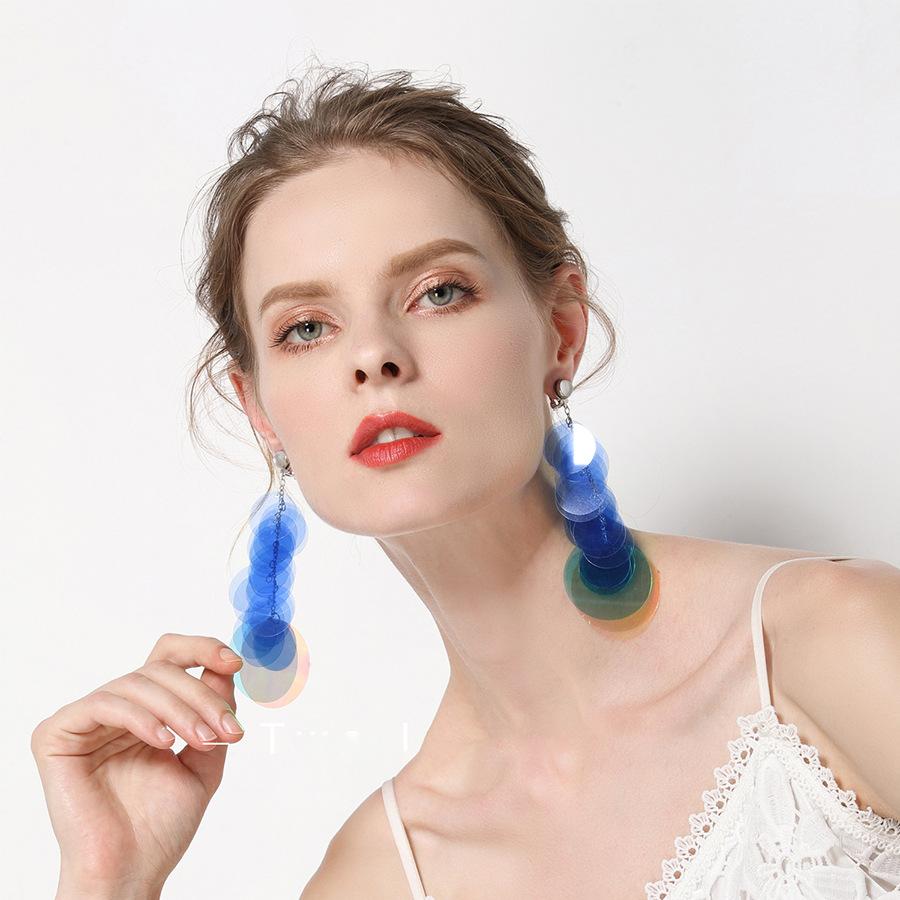 Silver needle round sequined fringed earrings personality exaggerated stud earrings high sense niche temperament earrings women