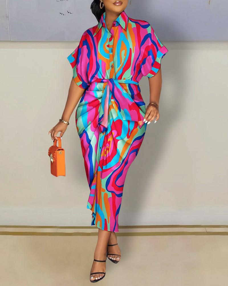 Autumn Long Sleeve V-Neck Button Print Shirt Dress Long Dress Women