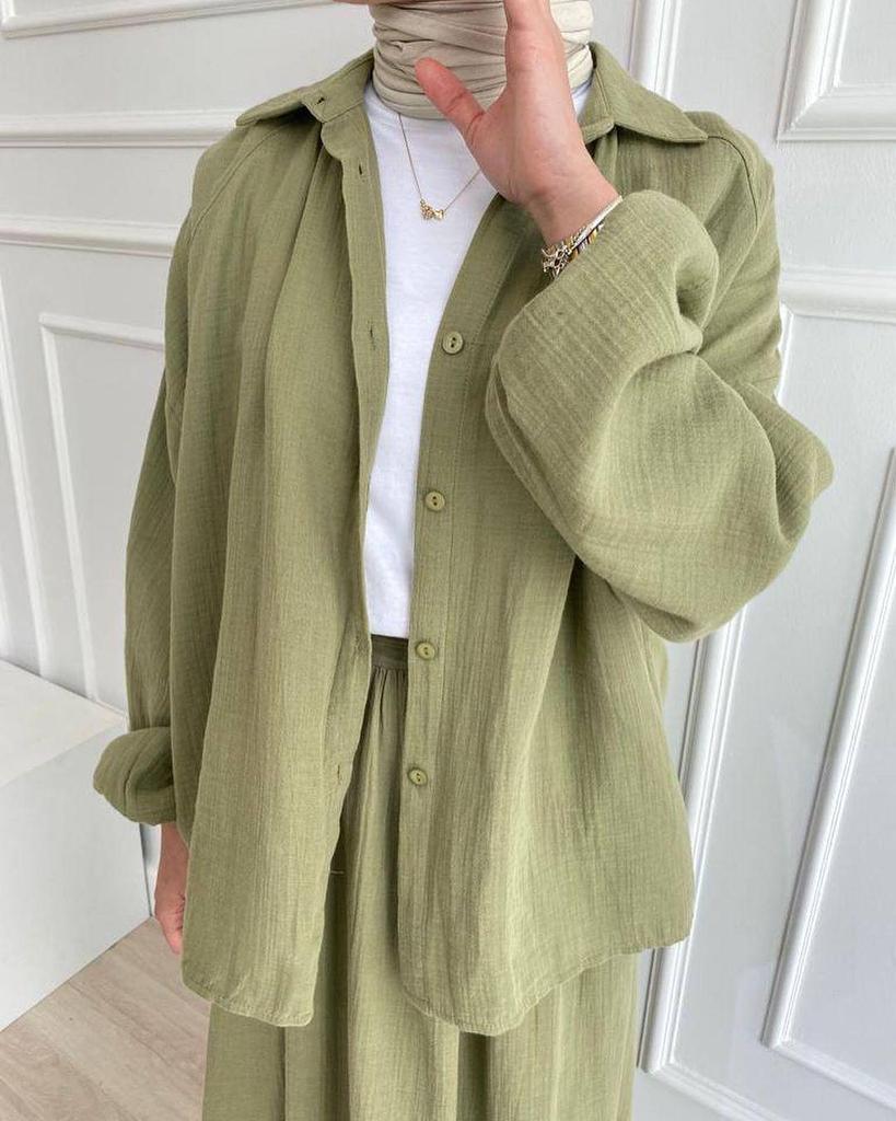 2024 New Women's Casual Muslim Long Sleeve Shirt & Midi Skirt Set for Spring and Autumn