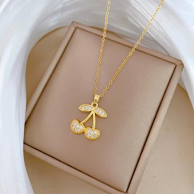 Fashion Golden Synthetic Zircon Cherry Pendant Necklace for Women