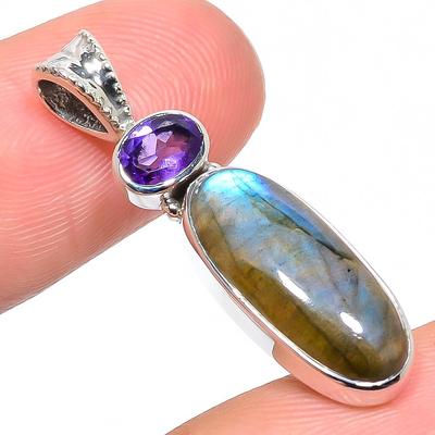 Natural Labradorite,Amethyst 925 Solid Sterling Silver Gift Pendant 1.38" F9g81
