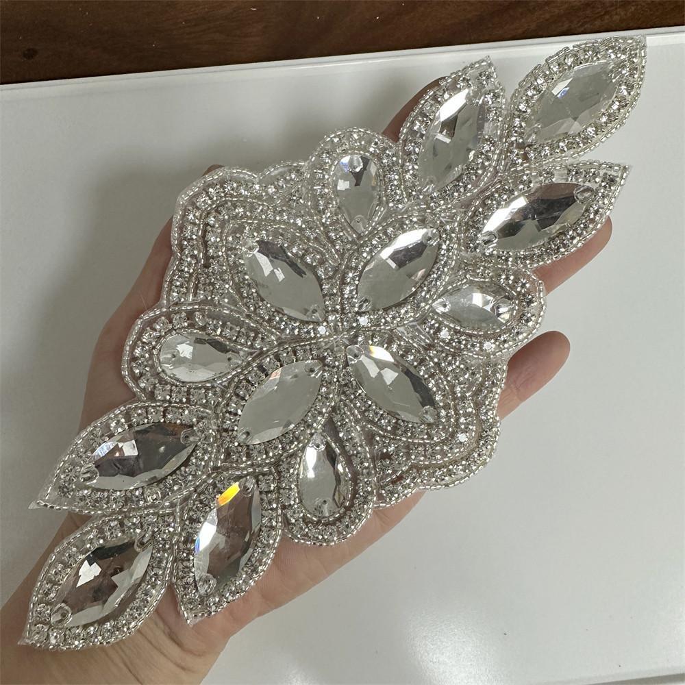 1PCS AB Silver Rhinestone Applique Flower Patches Iron On/sew On Wedding Dress Accessories For Clothes Decoration
