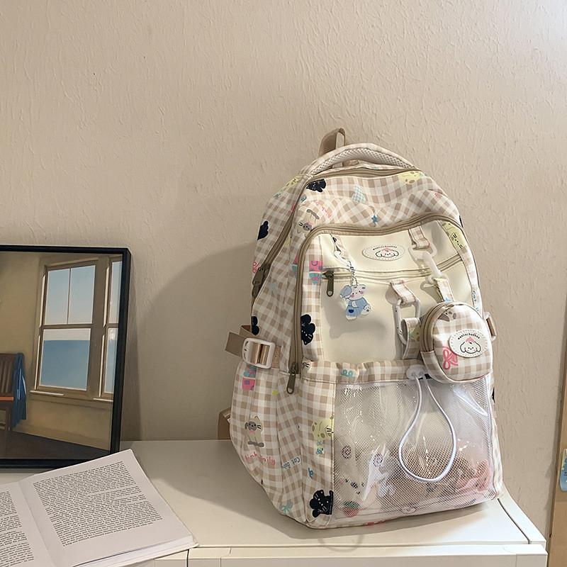 Capacity Large Backpack With Grid And Cartoon Dog Cat Print Design Daily For