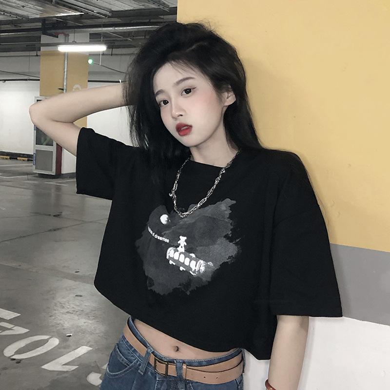 Women's Crew Neck Short Sleeve Crop Top Loose Fit Chic Graphic Print Pullover T Shirt Sexy Navel Exposed Casual Student Blouse For Summer Daily Wear