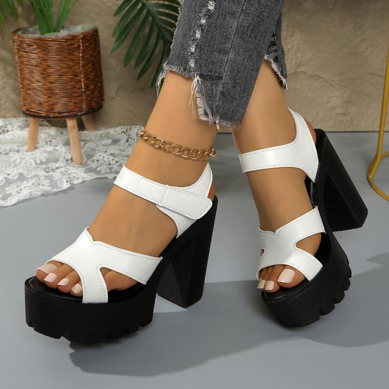 Fashion Platform Super Heels Summer New Round Toe Open Toe Cutout One Strap Non-slip Block Heel Fish Mouth Sandals