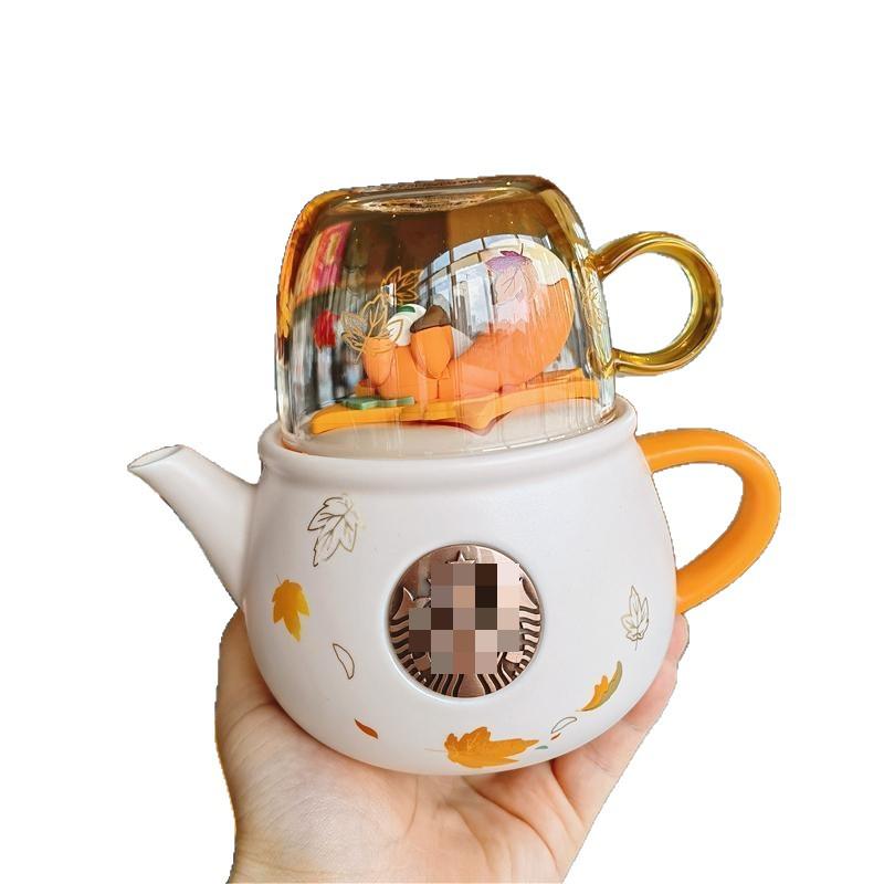 Maple Squirrel Teapot with Lid & Ceramic Horse Glass Cup Tea Gift Set