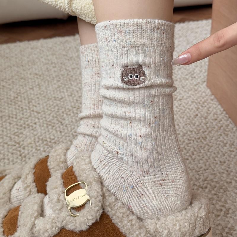 Wool Socks for Women's Autumn and Winter Trend Mid-calf Socks, Cute Cartoon Flocked Long Socks, Button Atmosphere Women's Socks