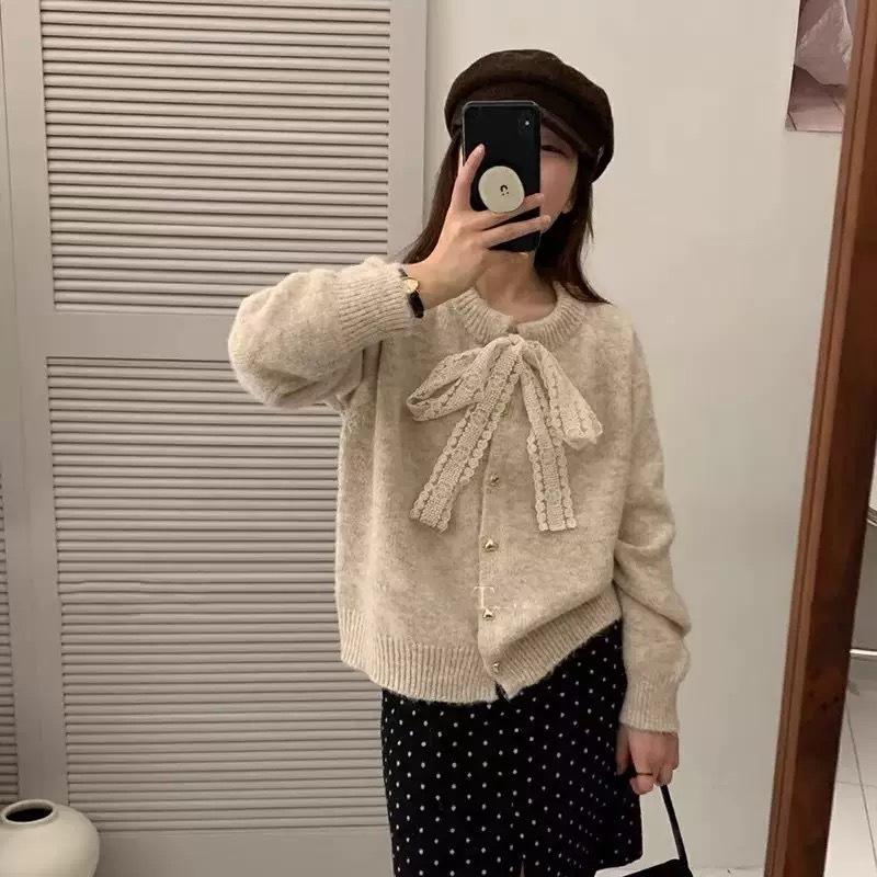 Lace Bow Round Neck Sweater Jacket for Women Autumn and Winter Loose Knitted Cardigan