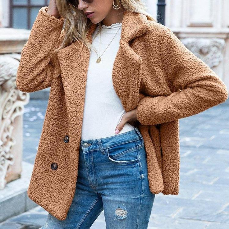 Elegante Cappotto Invernale da Donna in Ecopelliccia Caldo Peluche Orsacchiotto Monocolore Capospalla Femminile Tasca Casual Autunno Cashmere 22942