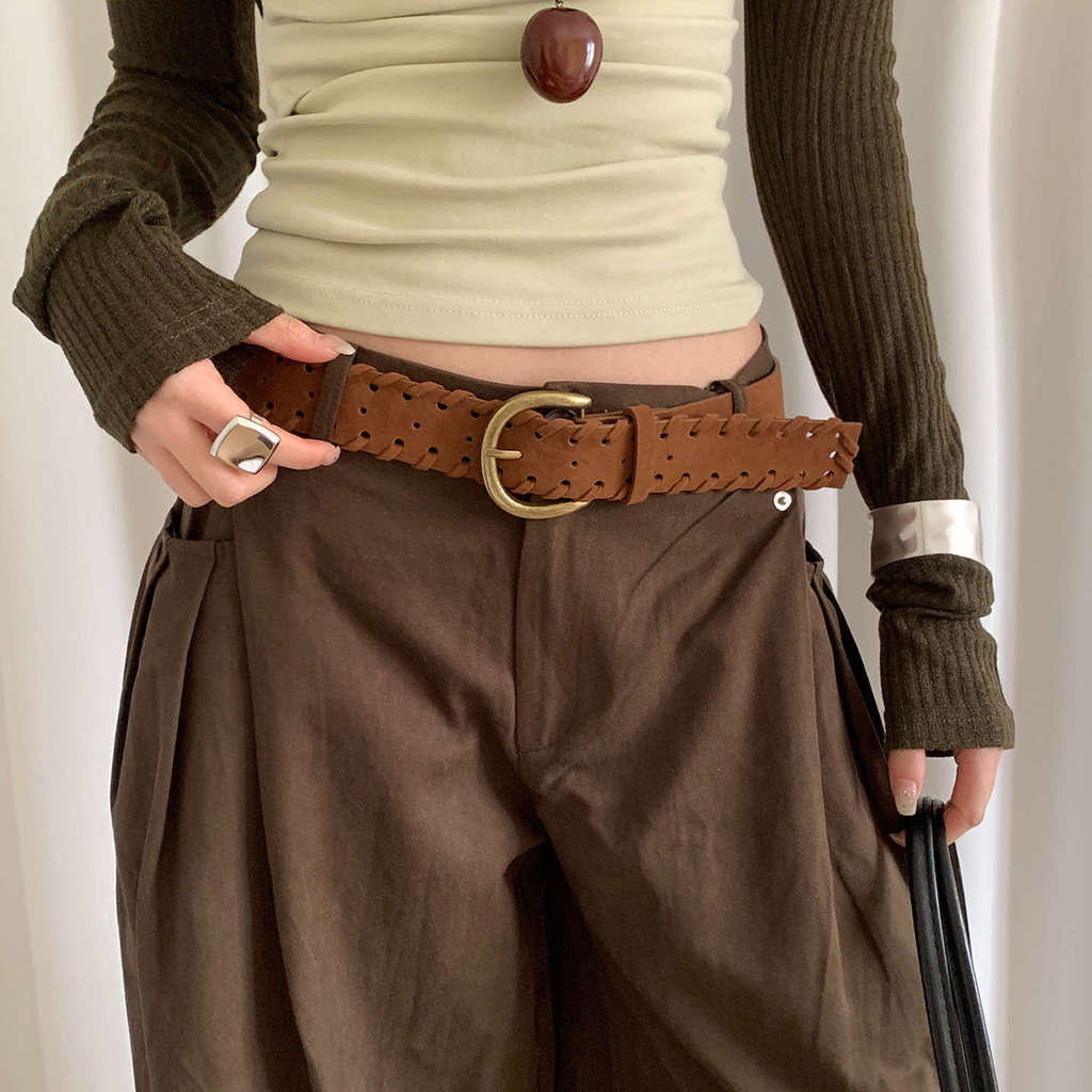 Retro Mellard Edge Suede Leather Belt For Women With Alloy Buckle Casual Style