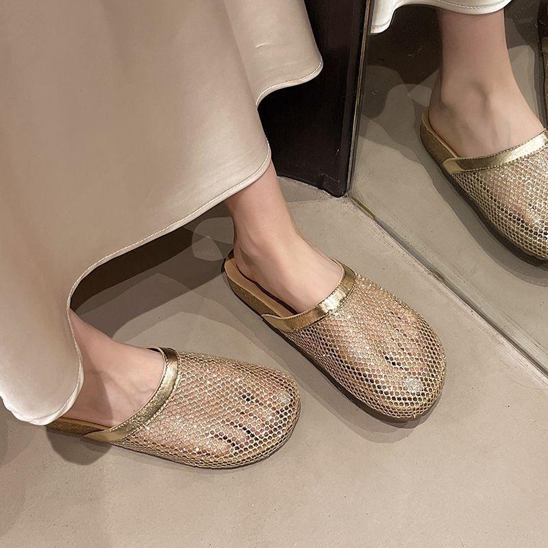 Non-slip flat-bottomed cool slippers 2025 summer new retro woven hollow and breathable outer bag head slippers