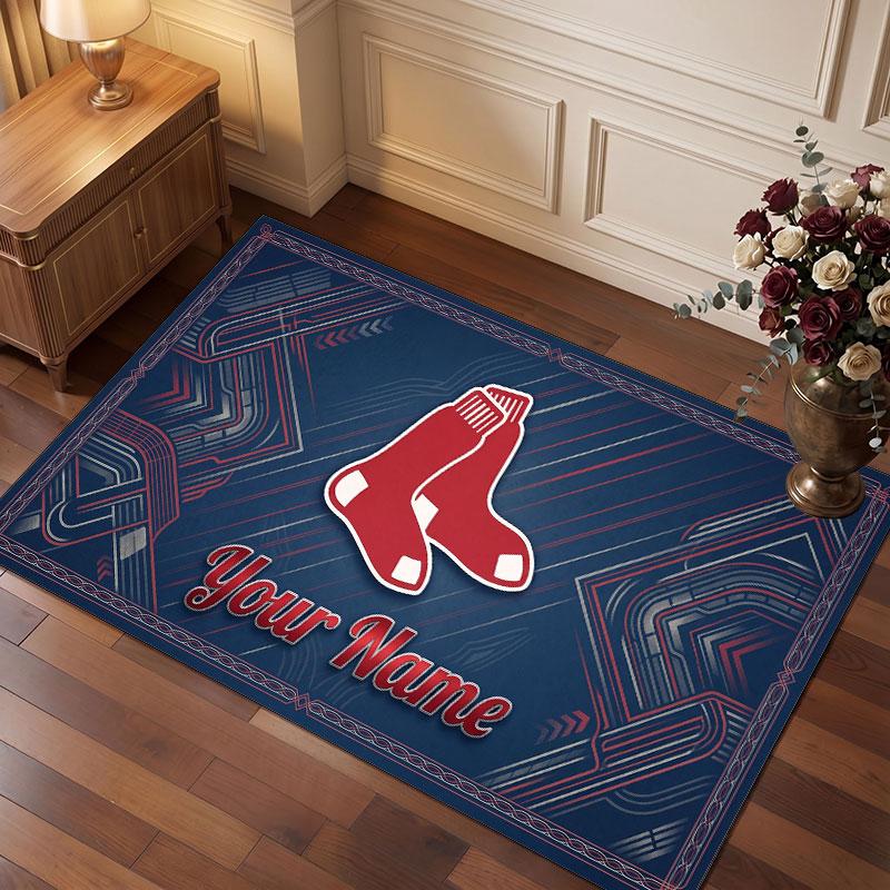 Boston Red Sox Personalized Crystal Velvet Carpet, Customized Name Text Soft Anti‑Slip Rug for Living Room Bedroom