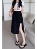 Women's Black High-Waist Slit A-Line Midi Skirt for Autumn