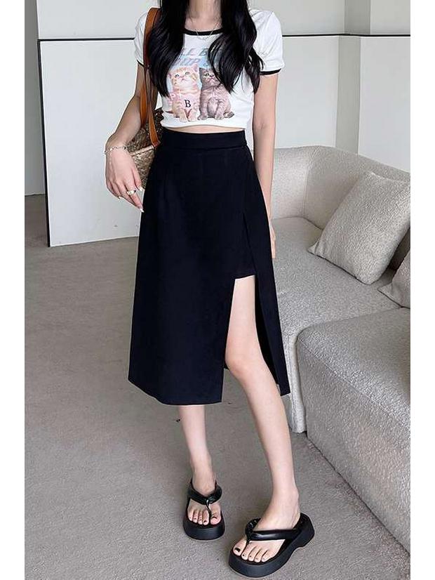 Women's Black High-Waist Slit A-Line Midi Skirt for Autumn