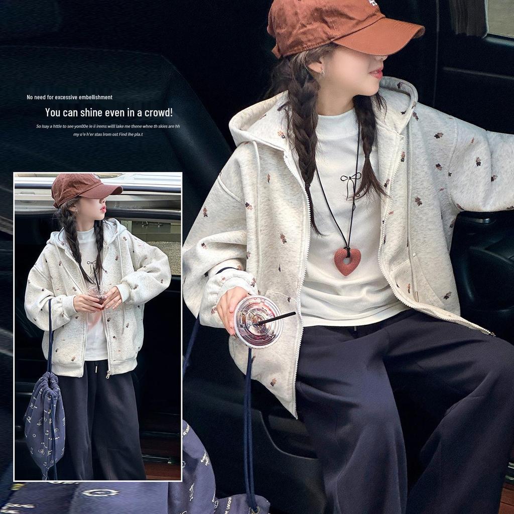 Girls' Loose Fit Zip-Up Hoodie - Autumn 2025 Collection: Lazy Style Hooded Jacket for Big Girls (Spring and Autumn)