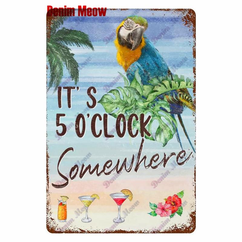 Metal Tin Sign Wall Decor, Vintage Parrot Cocktail Bar Plates, Kitchen Painting Decor, It's 5 O'clock, WY23