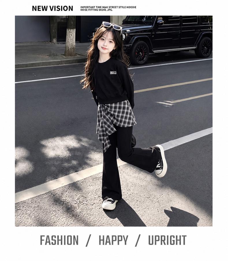 Girls' Korean Style Plaid Hoodie & Flare Pants Set - Autumn Two-Piece Outfit 2026