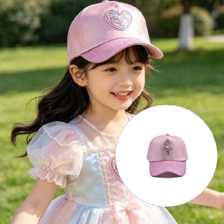 Cute Sparkles Heart Patterned Baseball Cap For Kids Soft Polyester Fabric Sun Hat With Comfortable Elastic Band