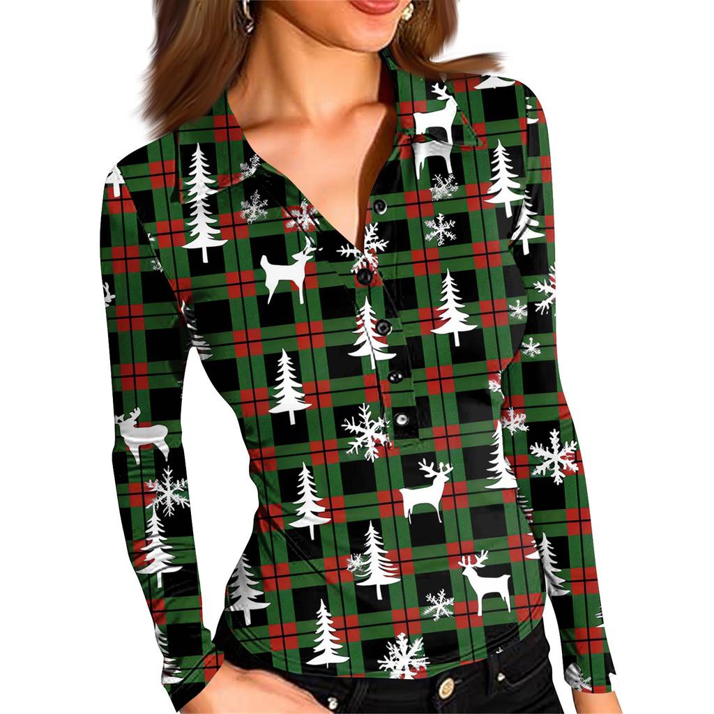 Damenmode Lässig Bedrucktes V-Ausschnitt Langarm Knopfleiste Oberteil