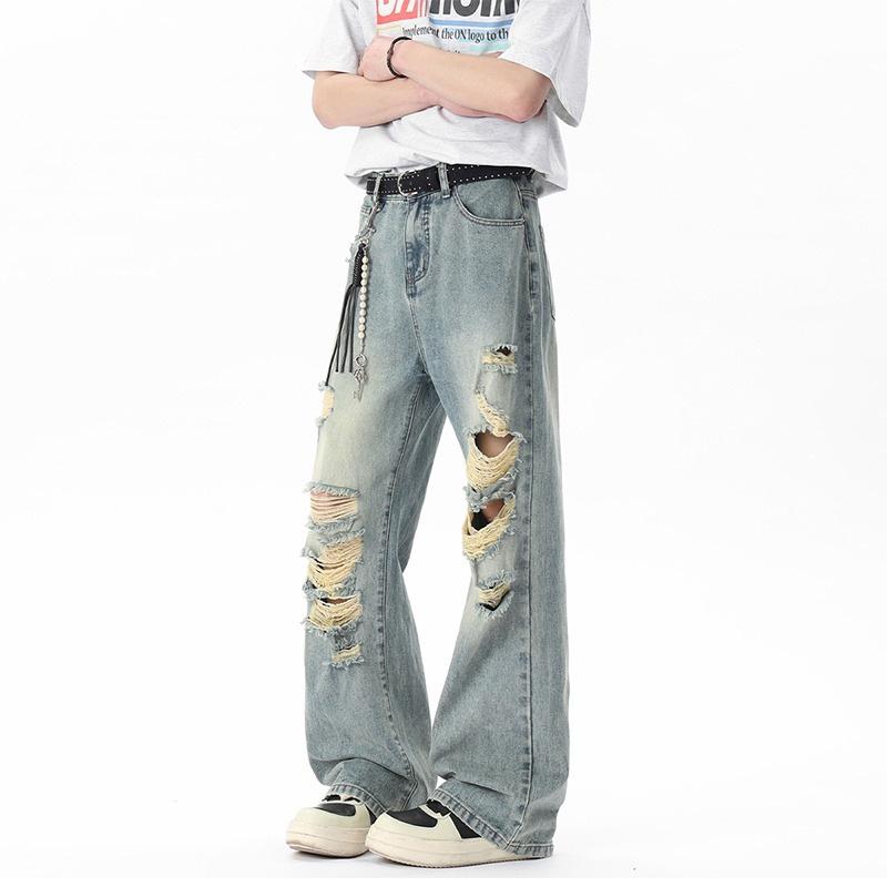Versione coreana di jeans strappati graffiati uomo estate trendy marca larghi dritti a gamba larga ragazzi sottili casual pantaloni lunghi
