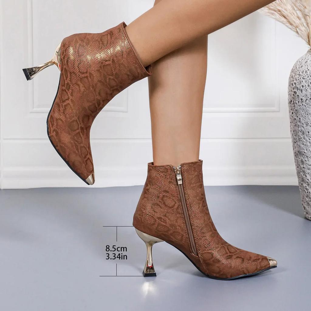 Women Pointed Metal Ankle Boots Female Sexy Stiletto High Heels Shoes Spring Autumn Fashion Side Zipper Thin Heeled Short Boots