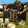 2D Black Gold 16th Birthday Backdrop Banner for Party, Photo Booth & Live Streaming