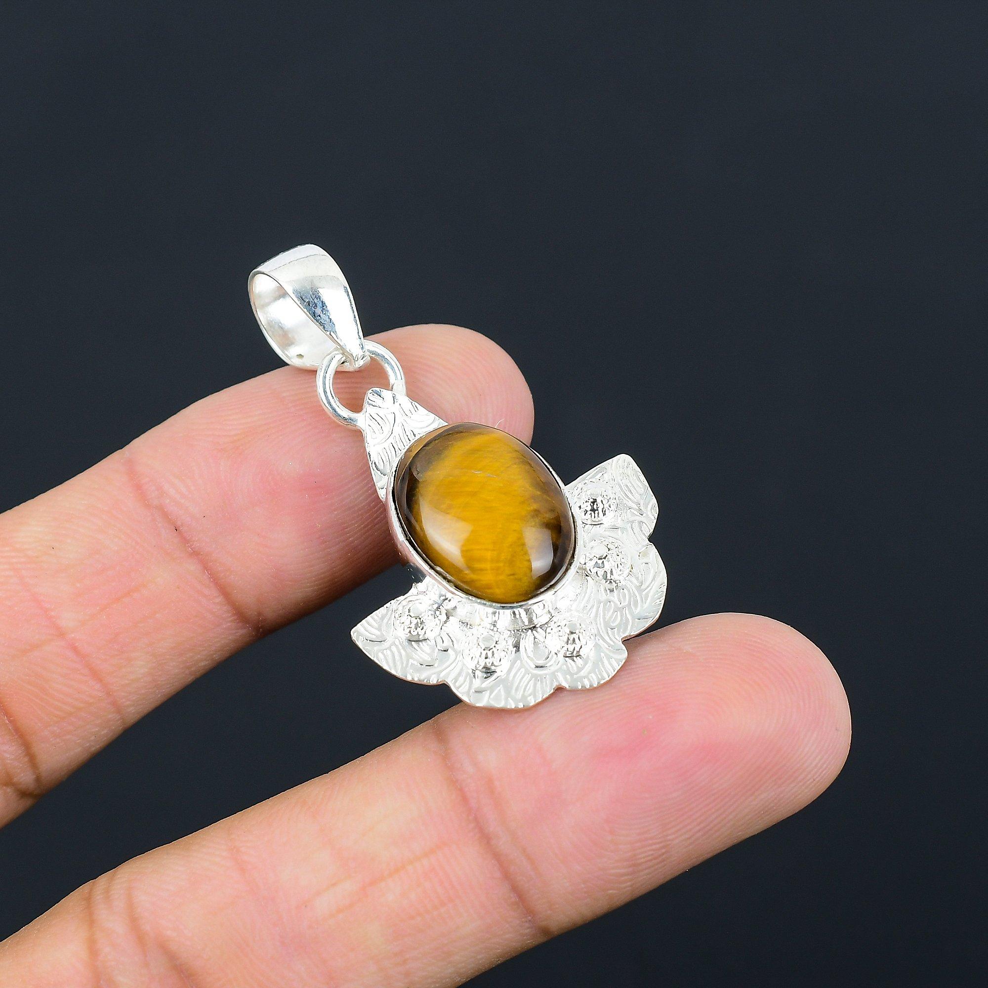

Oval Natural Tiger Eye Engagement New Sister Unique Pendant Jewelry 925 Silver