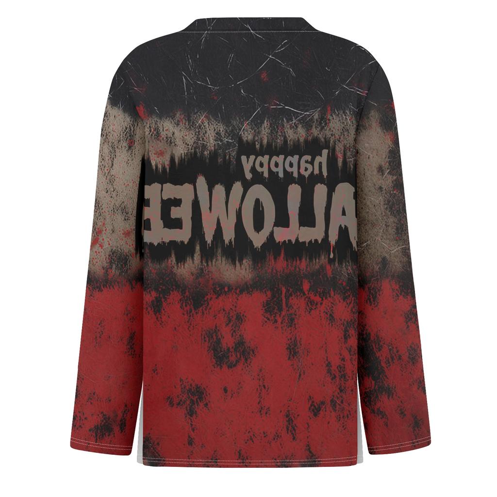 Women's Round Neck Long Sleeve Top with Halloween Print and Side Slit for Fall Festive Occasions