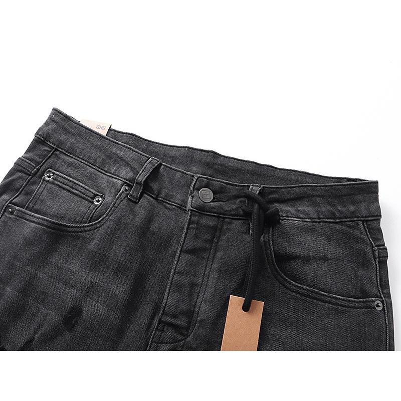 Men's Black Washed Distressed Straight Leg Jeans, Ripped Patchwork Denim Pants