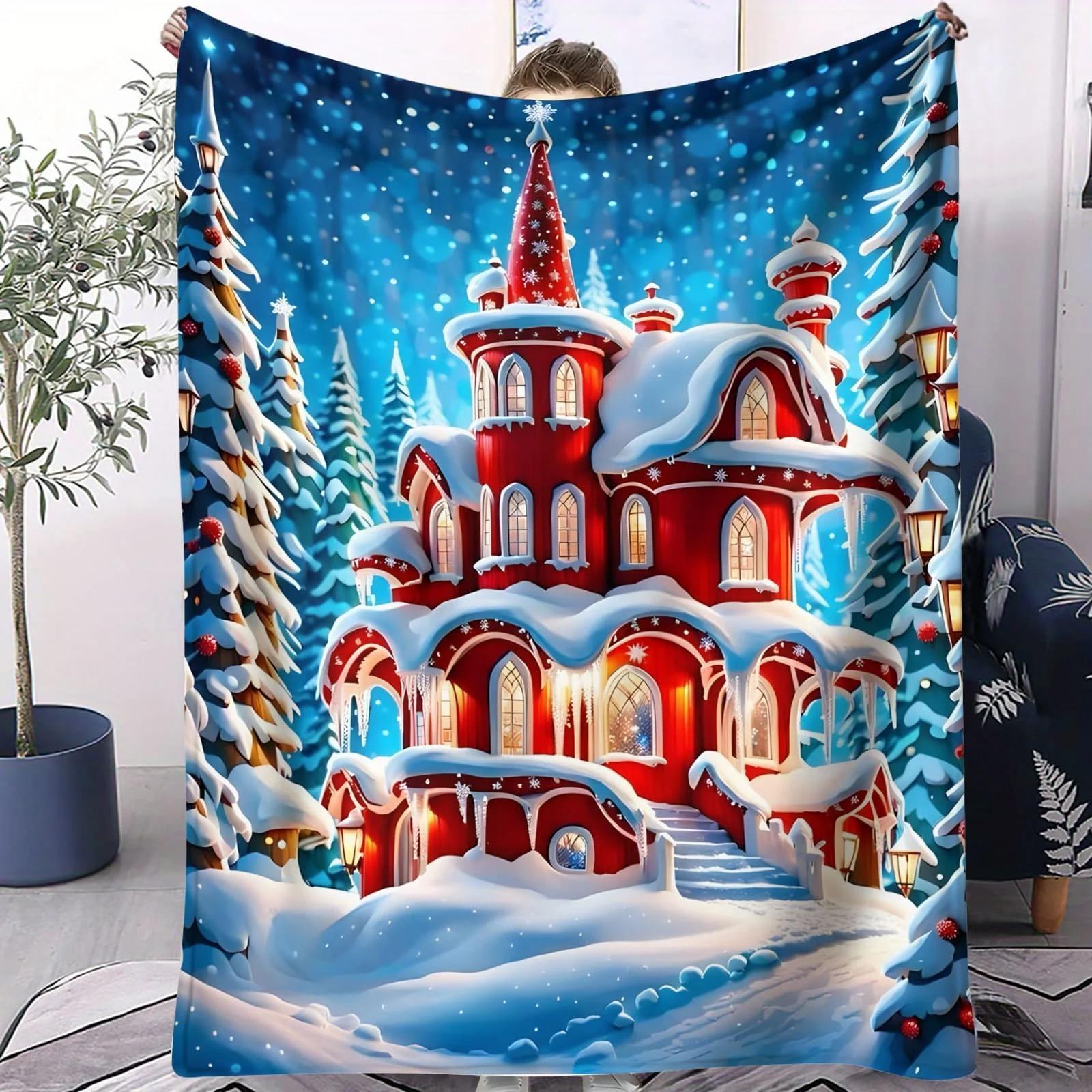 

Enchanted Red Icy Castle & Gingerbread Decor Cottage Fleece Blanket - Whimsical Holiday Themed Soft Throw for Living Room Decor 70x100cm білий