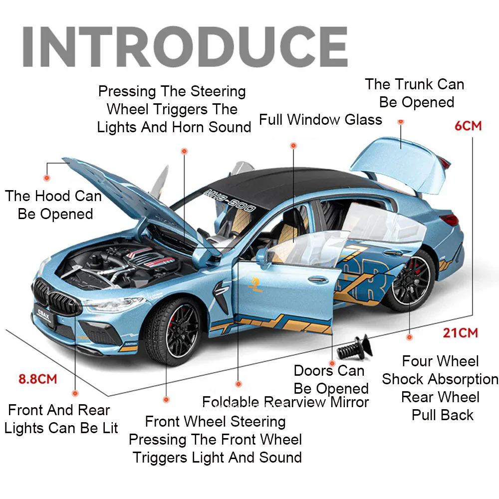 1:24 760LI M8 Sports Car Model Toy Sound Light Doors Opened Pull Back Shock Absorption Diecast Alloy Vehicles Models Kids Gifts