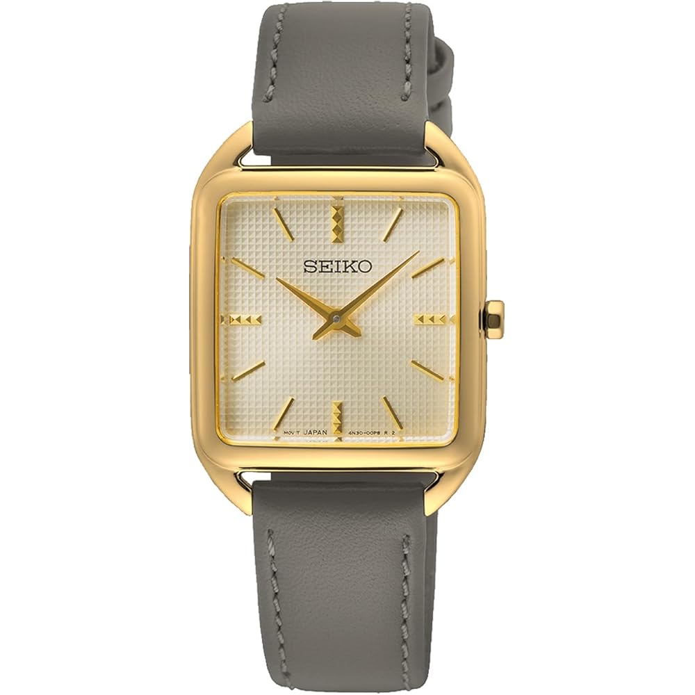 Seiko SWR090P1 Quartz Women s Square Design Watch Gold Gray Leather Band