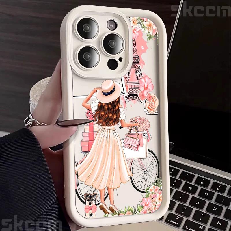 Pink Girl Flower Pattern Phone Case For iPhone 16 15 Pro Max 16E 14 13 12 11 XS X XR 7 8 Plus Shockproof Silicone Soft Cover