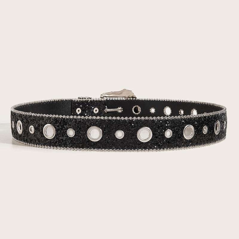 Moderne geschnitzte Dornschließe Gürtel für Damen Funkelnde Pailletten PU-Taillengürtel für Hosen Jeans Lässig Formelles Taillenaccessoire